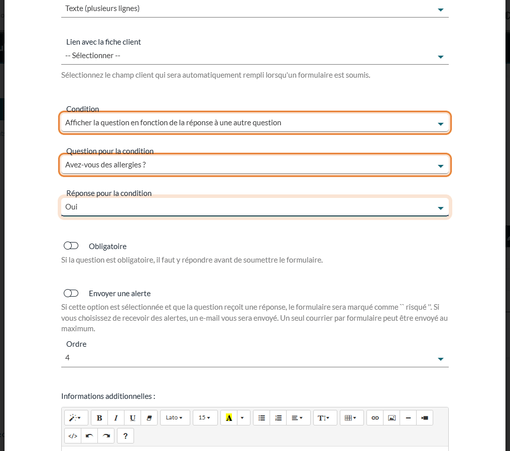 Champs Condition, Question pour la condition et Réponse pour la condition d'une question