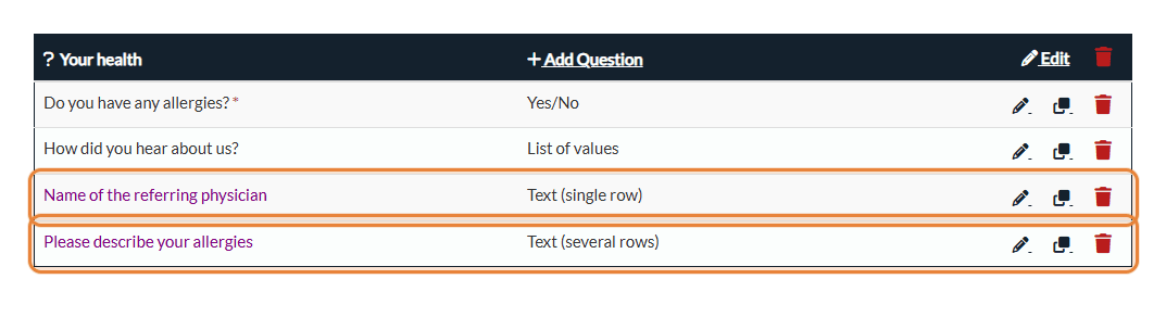 List of questions: the two conditional questions are shown in purple