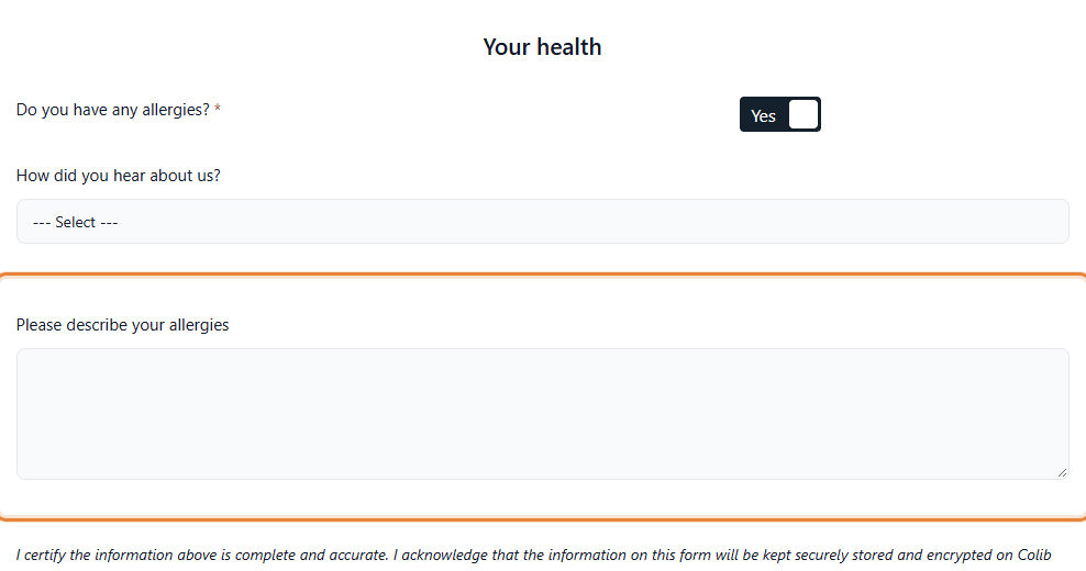 Preview after answering Yes: the question Please describe your allergies appears