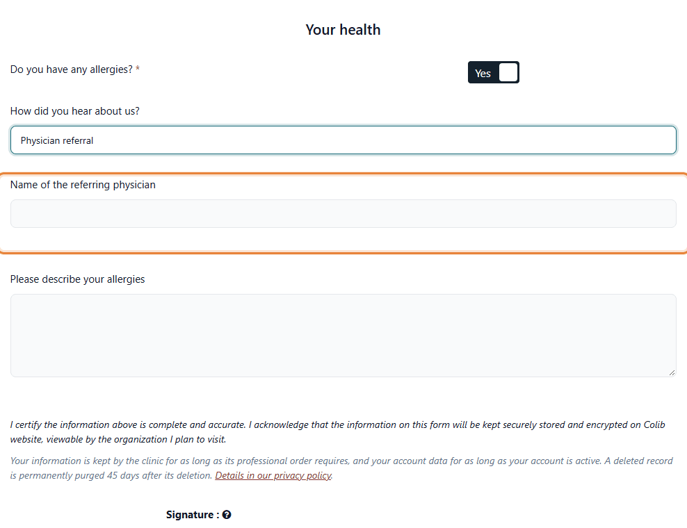 Preview: choosing Physician referral in the list shows the question Name of the referring physician