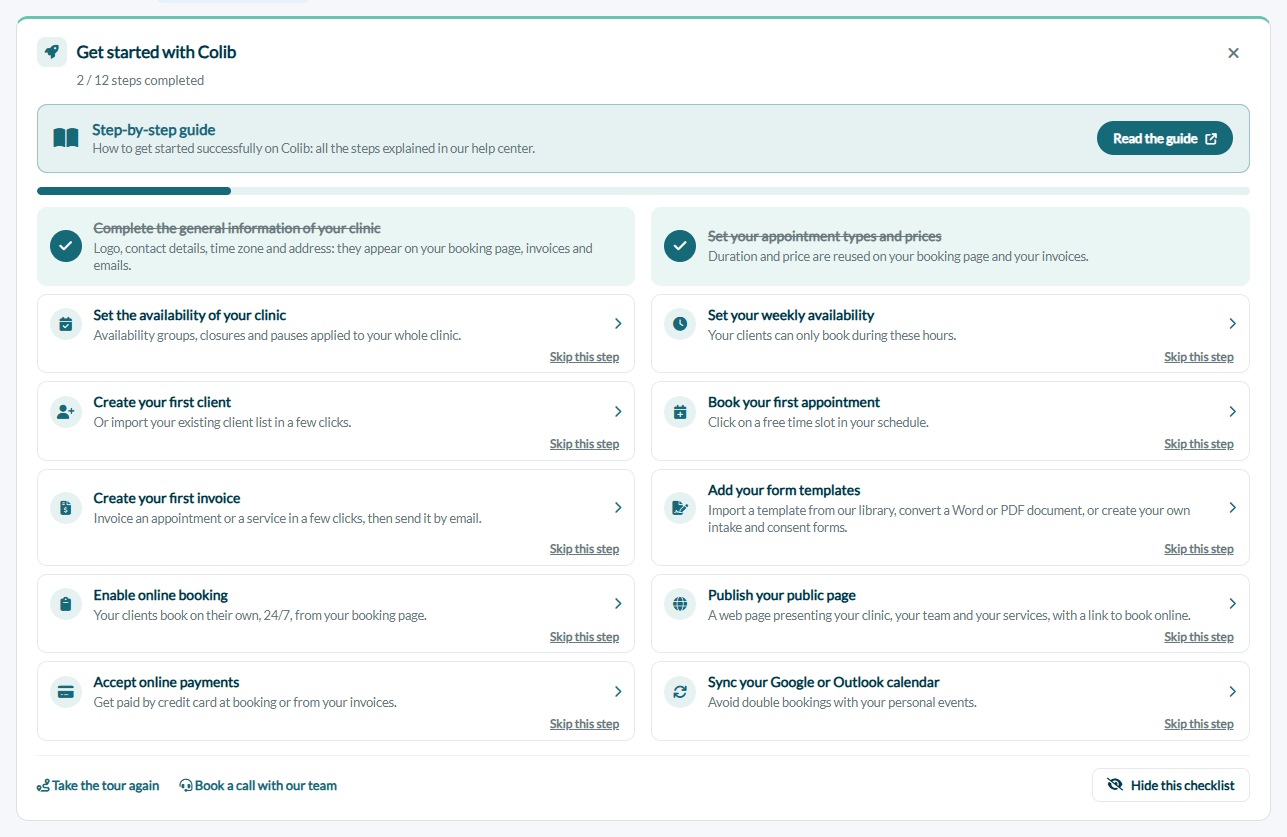 Get started with Colib checklist on the home page