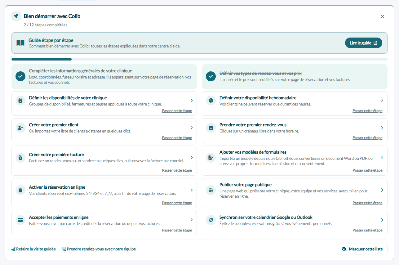 Liste Bien démarrer avec Colib sur la page d'accueil