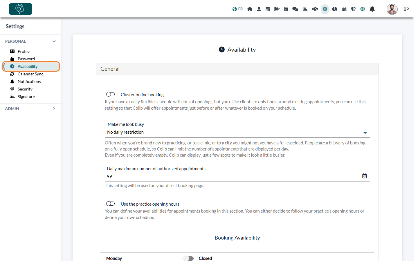 Personal availability in Settings