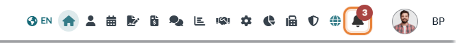 Icône de cloche de la barre du haut avec une pastille rouge indiquant 3 notifications à lire