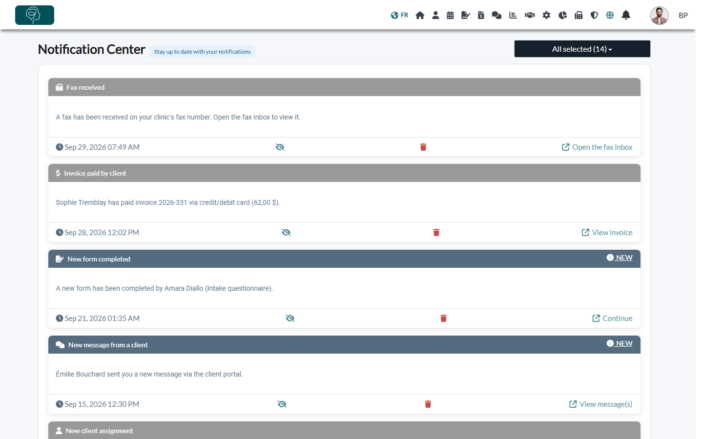 Notification Center with two new notifications marked NEW