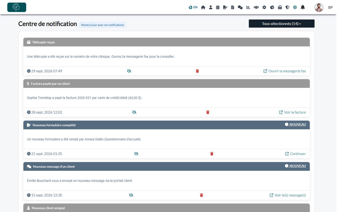 Centre de notification avec deux nouvelles notifications marquées NOUVEAU