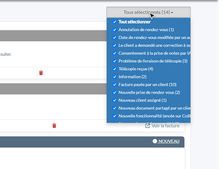 Liste des types de notifications utilisée comme filtre