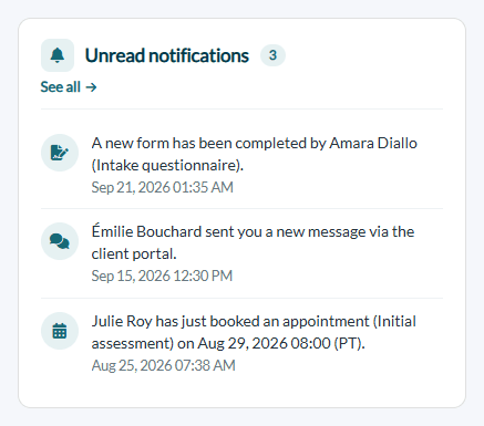 Unread notifications card of the home page