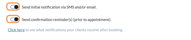 Send initial notification and Send confirmation reminder switches in the appointment window