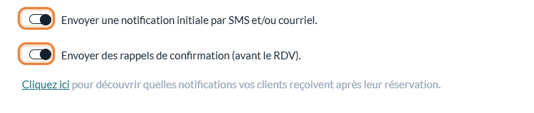 Options Envoyer une notification initiale et Envoyer des rappels de confirmation dans la fenêtre du rendez-vous