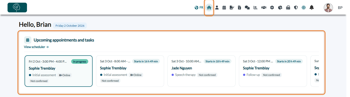 Top of the Home page: Home icon in the top bar and Upcoming appointments and tasks