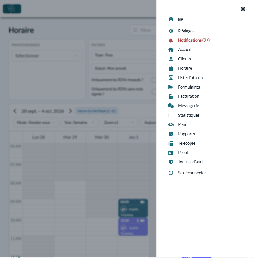 Menu ouvert avec la liste des sections de Colib