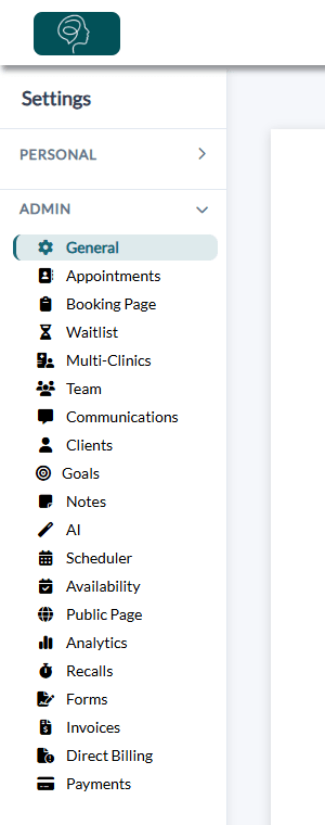 Side menu of the Settings with the names of the tabs