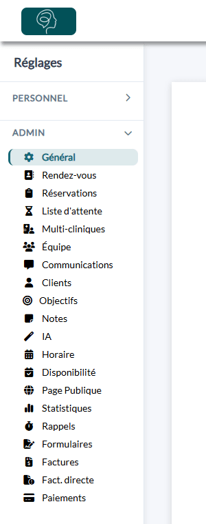 Menu de côté des Réglages avec le nom des onglets