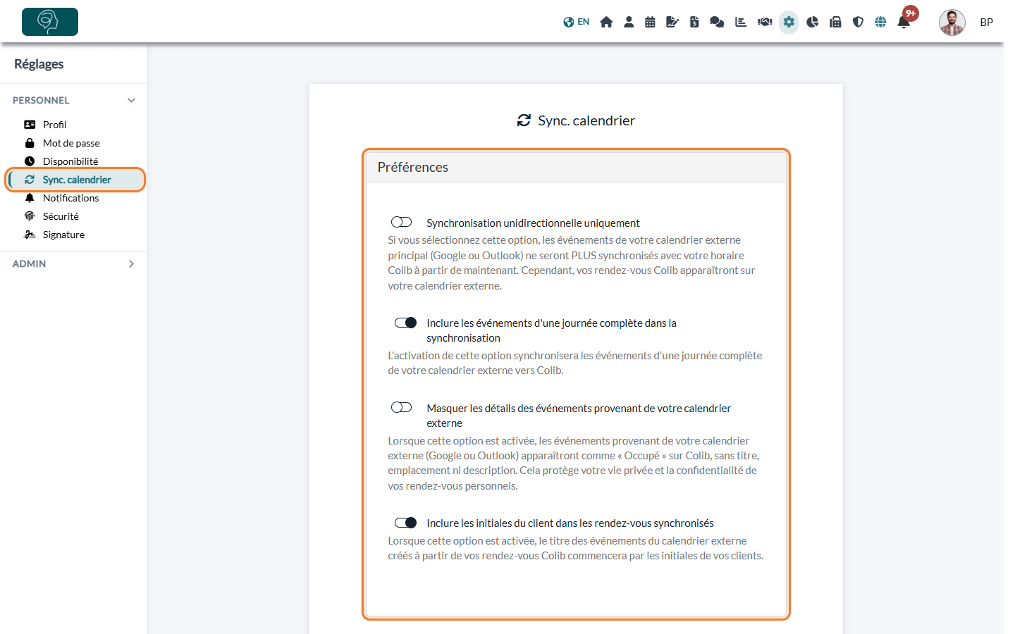 Section Préférences de l'onglet Sync. calendrier