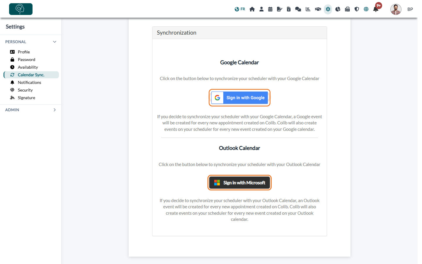 Sign in with Google button in Settings > Calendar Sync.