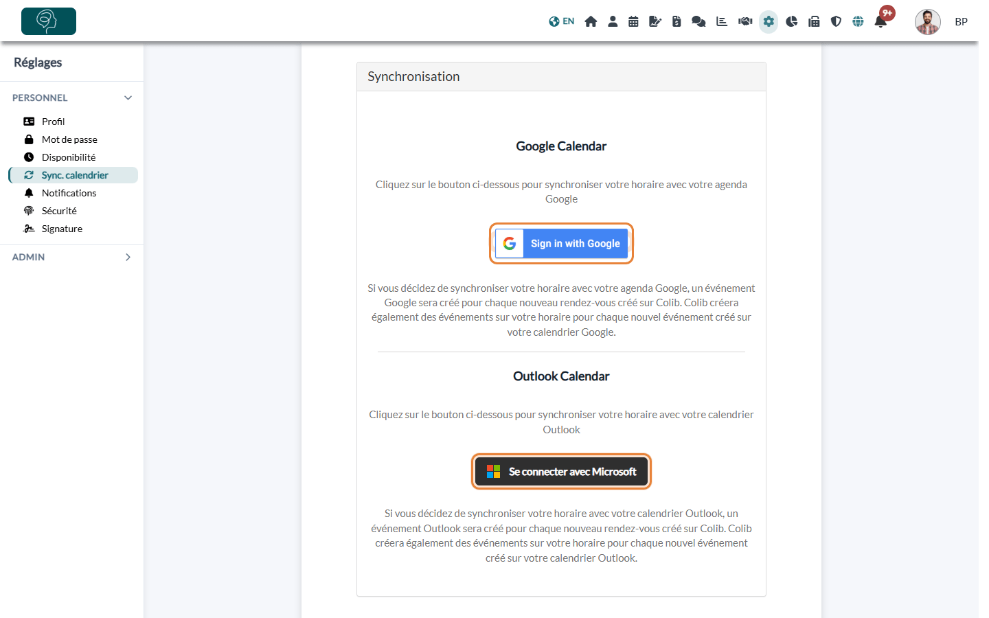 Bouton de connexion Google dans Réglages > Sync. calendrier