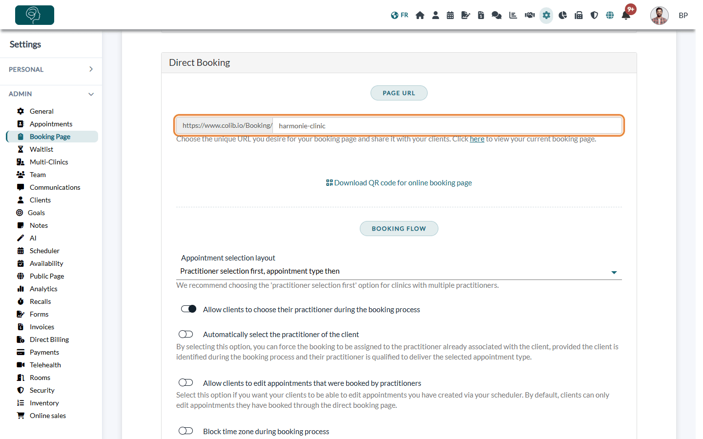 Page URL of the booking page in the Direct Booking section