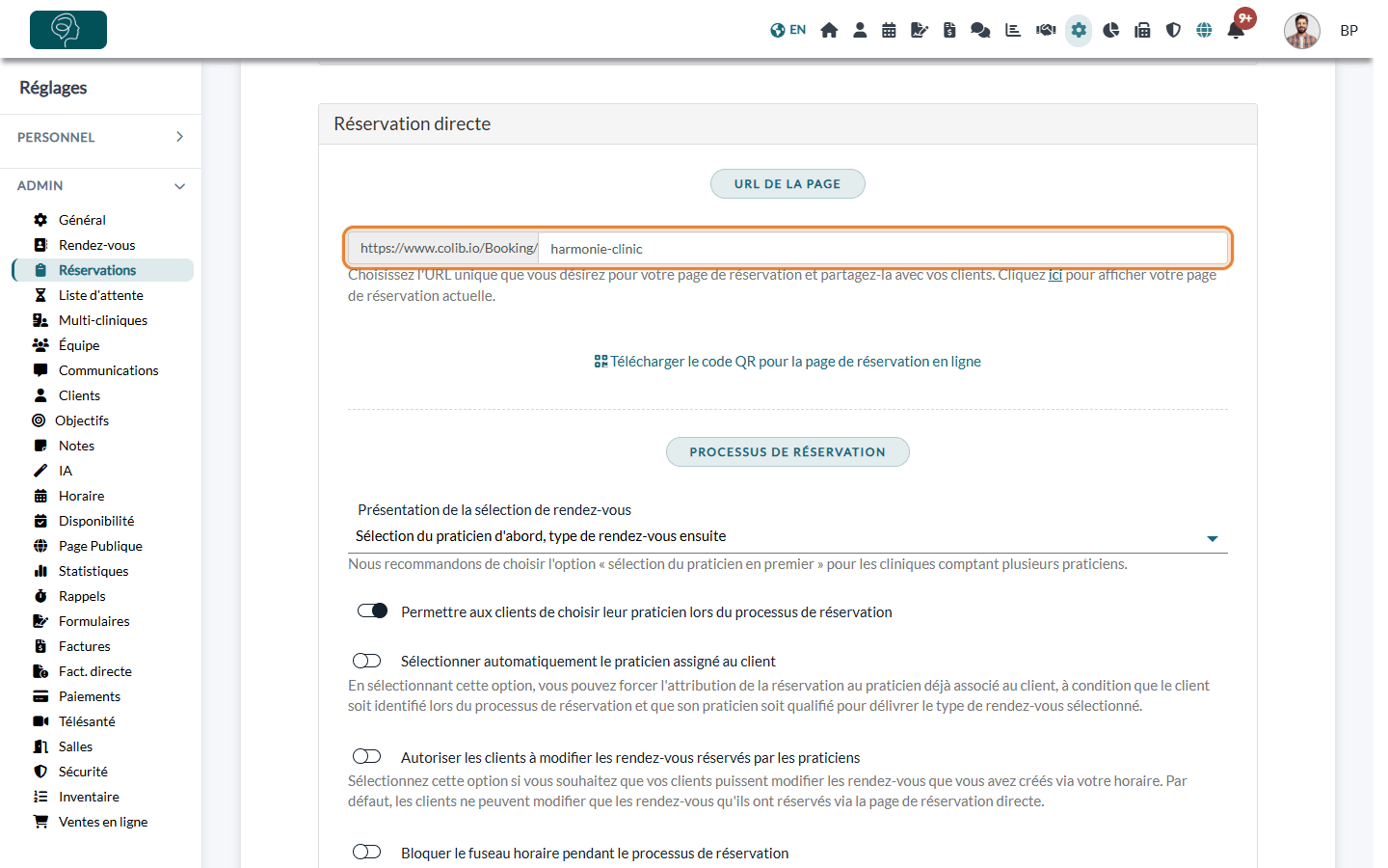 URL de la page de réservation dans la section Réservation directe