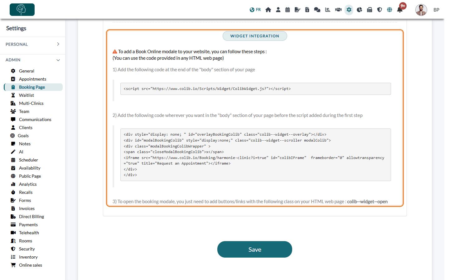 Widget integration section with the code to copy