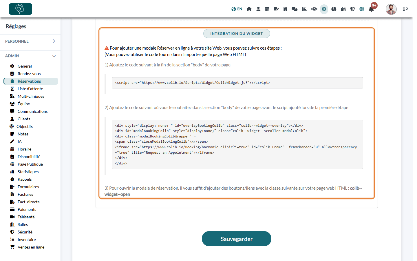 Section Intégration du Widget avec le code à copier