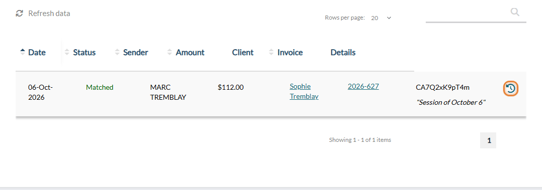 Revoke matching icon on a matched transfer in Invoicing > Interac Payments