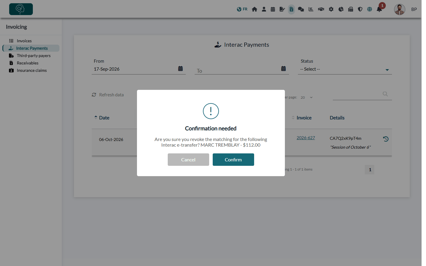 Confirmation message with the sender and the amount of the transfer
