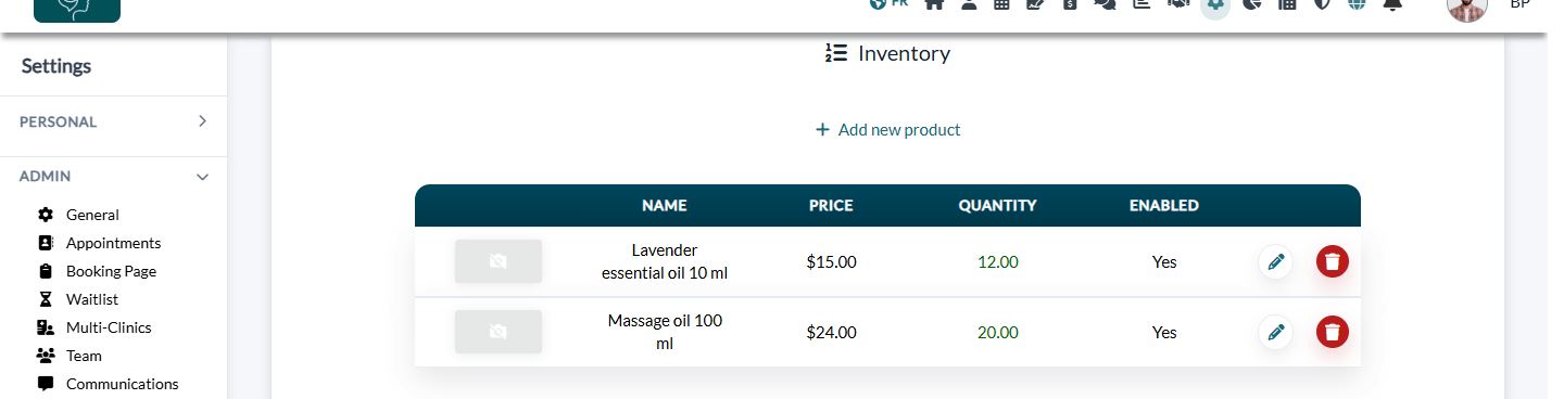 Product list in Settings > Inventory
