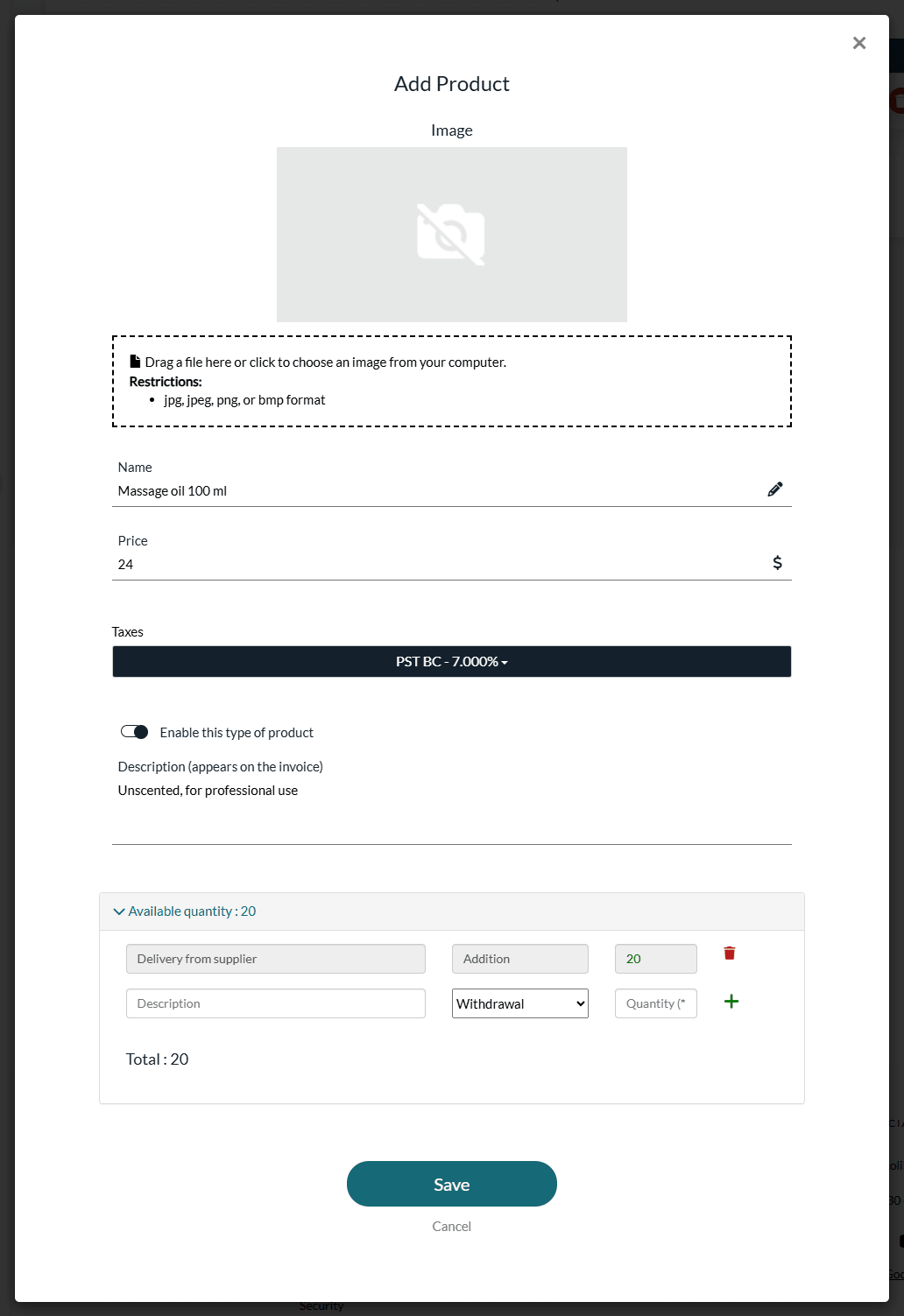 Add Product window with the name, price, taxes and available quantity