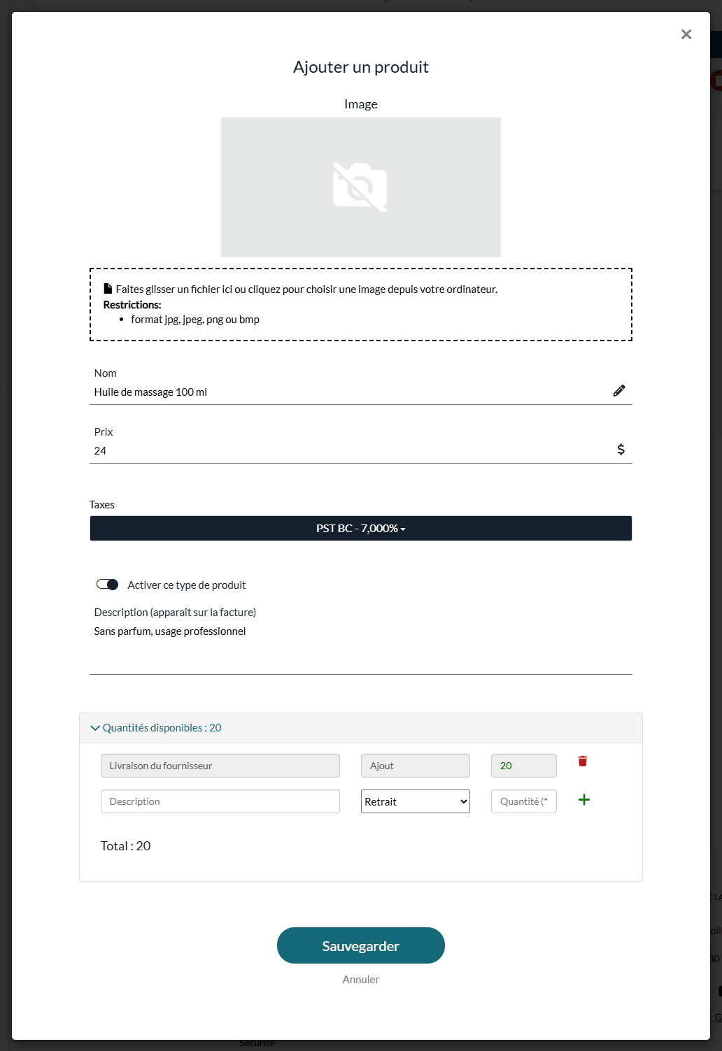 Fenêtre Ajouter un produit avec le nom, le prix, les taxes et les quantités disponibles
