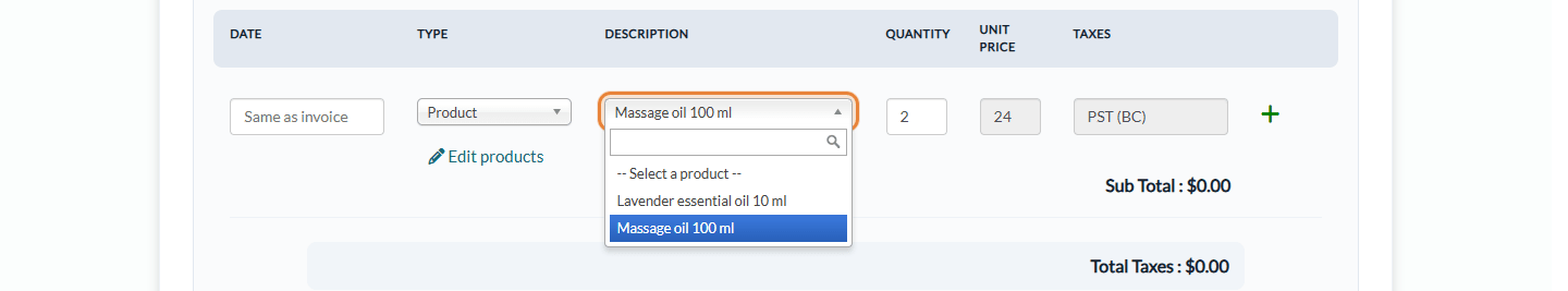Product chosen as an item type on an invoice