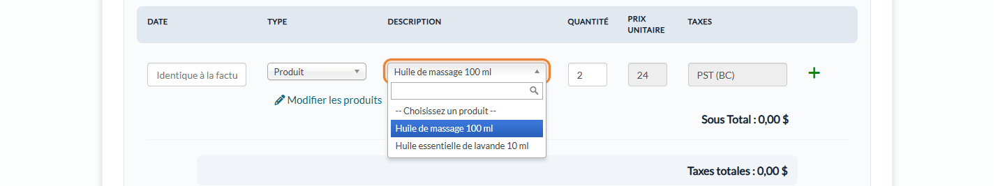 Type Produit choisi pour un article de facture