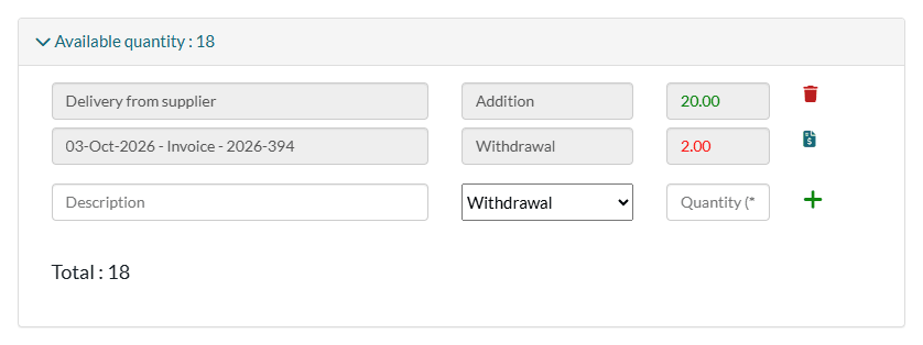 Available quantity section with an addition and a withdrawal created by an invoice