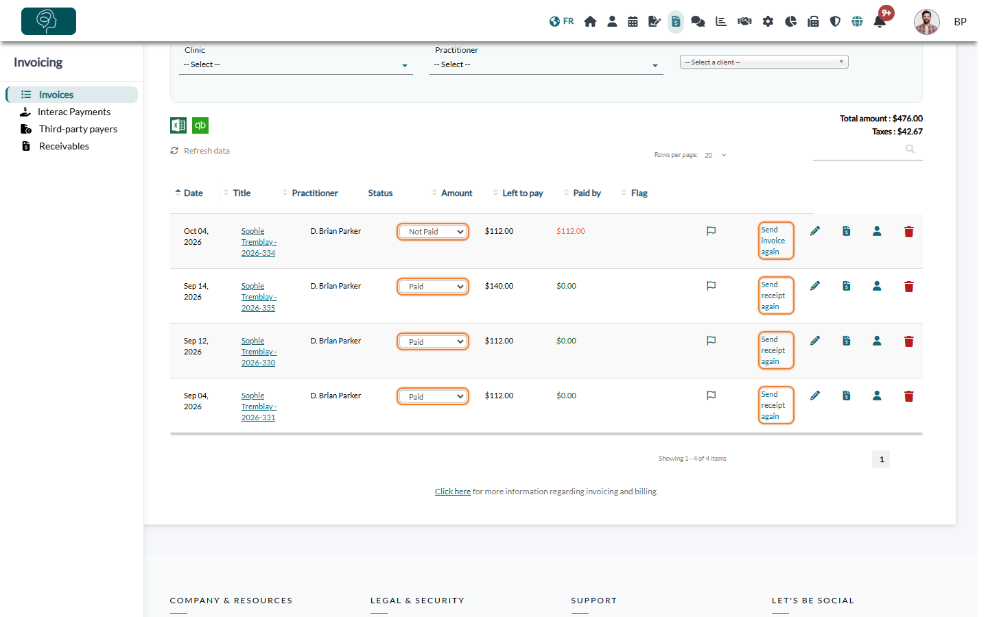 Invoices page: list of invoices with their status and the links to send them