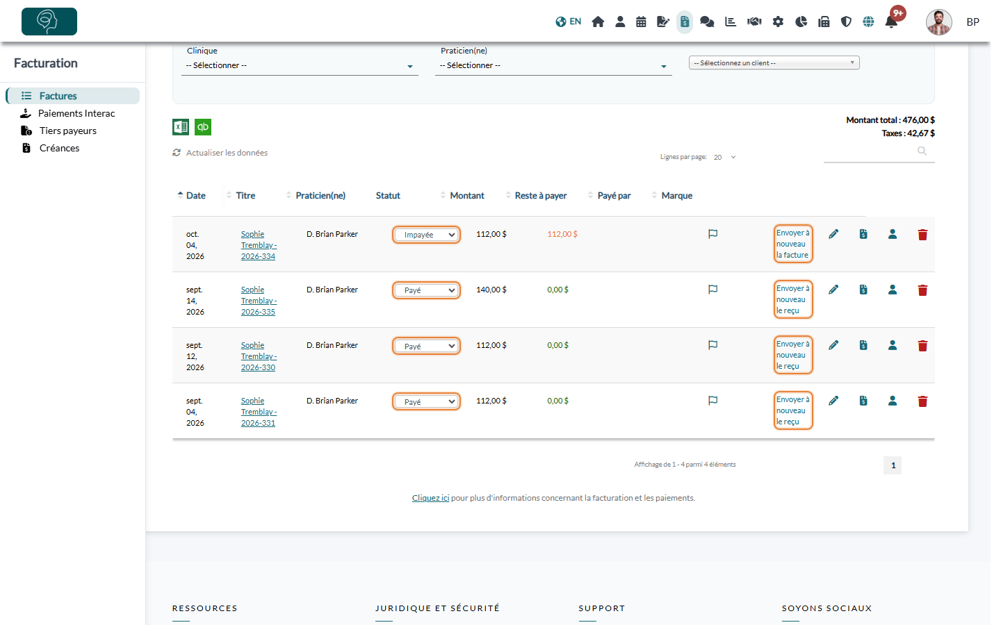 Page Factures : liste des factures avec leur statut et les liens pour les envoyer
