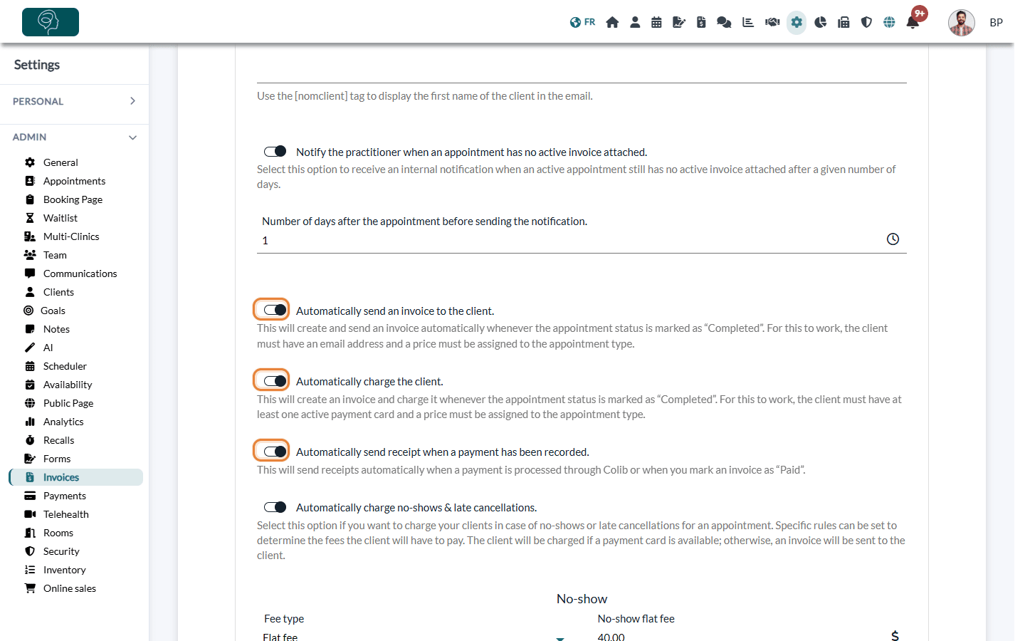 Automation section of Settings > Invoices with the automatic invoice, charge and receipt options