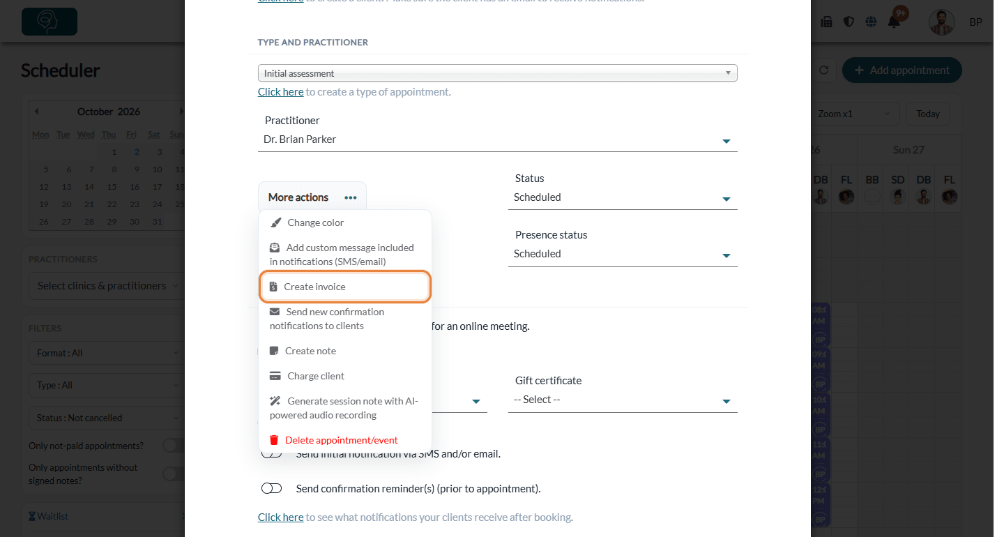 More actions menu of an appointment, with Create invoice