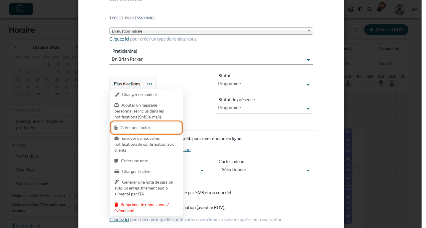 Menu Plus d'actions d'un rendez-vous, avec Créer une facture