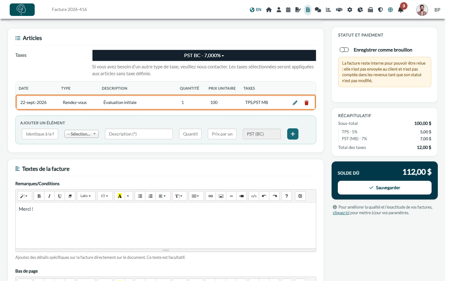 Carte Articles de la facture avec la ligne du rendez-vous, et le solde dû dans le panneau latéral