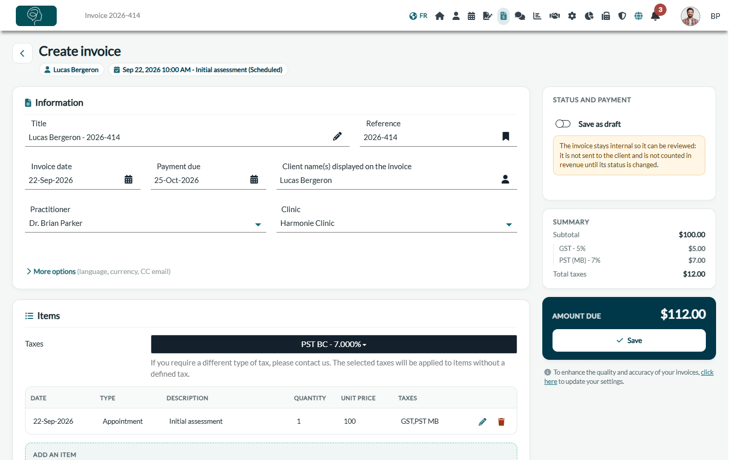 Top of the invoice page: Information card, More options link, and the side panel with the Summary, the amount due and the Save button