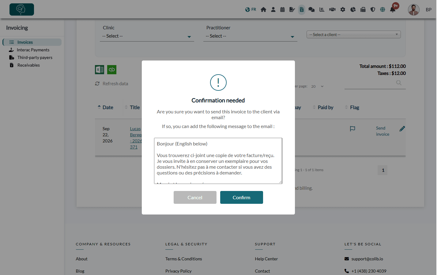Confirmation window before sending the invoice, with the message added to the email