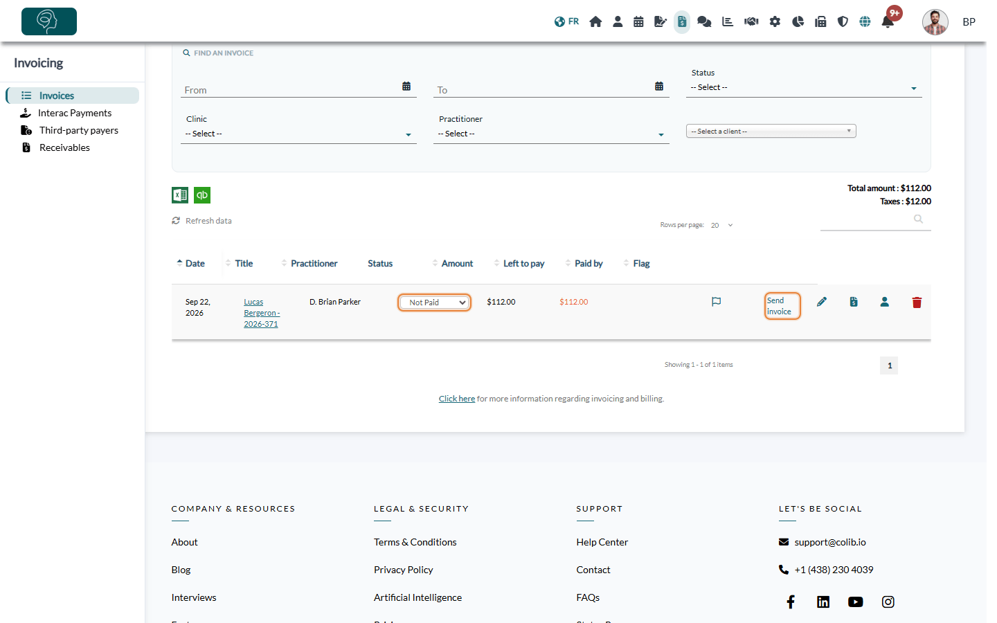 Invoices list: status of the invoice and link to send it