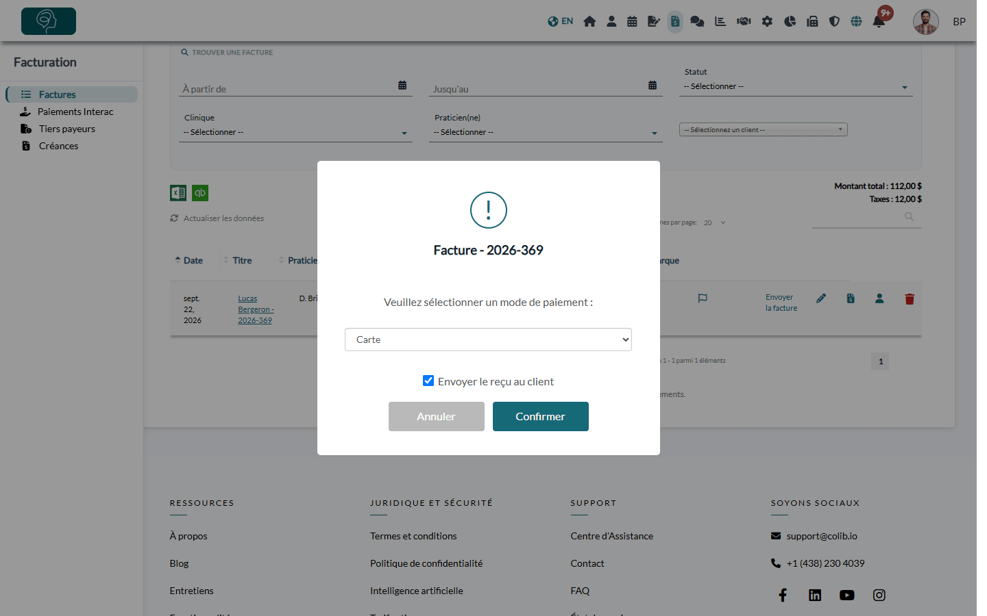 Fenêtre affichée quand la facture est marquée comme payée : mode de paiement et Envoyer le reçu au client