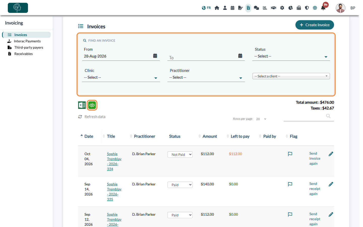 Invoices page: search filters and Export to QuickBooks icon