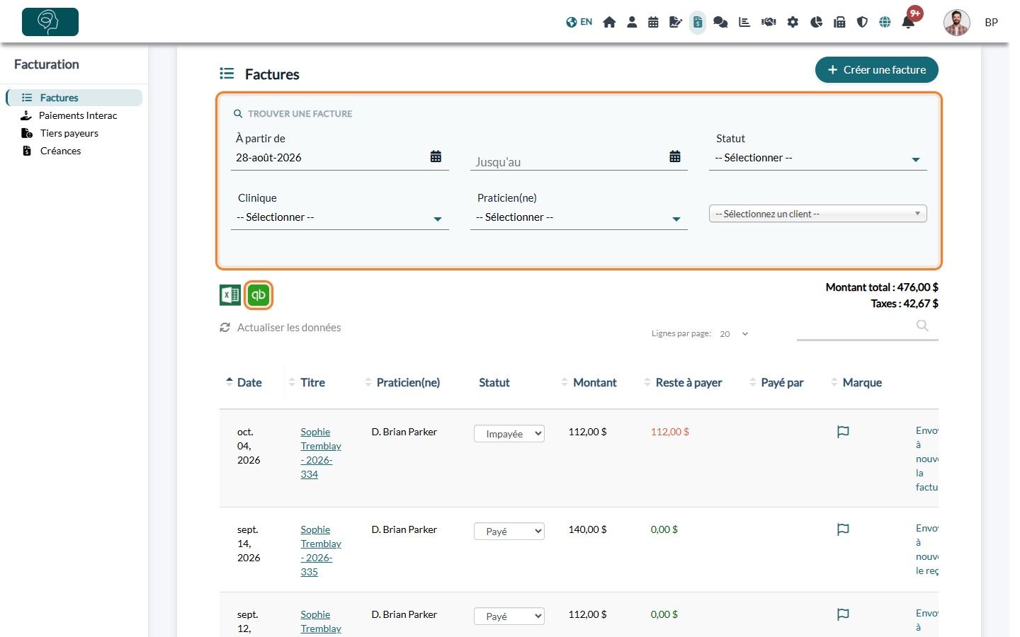 Page Factures : filtres de recherche et icône Exporter vers QuickBooks