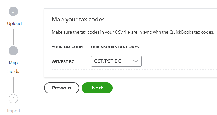 QuickBooks tax code mapping
