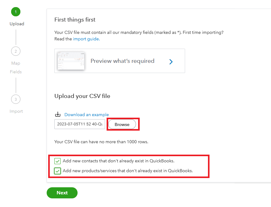 QuickBooks import: file selected and the two boxes checked