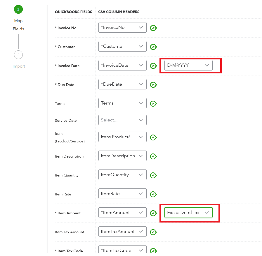 Correspondance des champs dans QuickBooks : format de date et option hors taxes