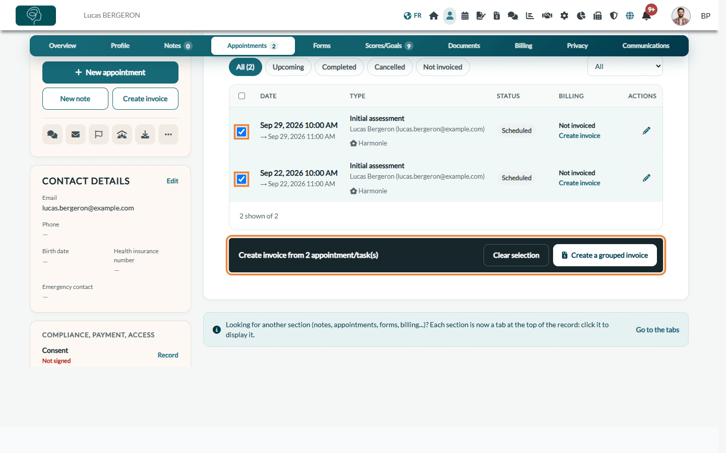 Appointments tab of a client record with two appointments selected and the selection bar