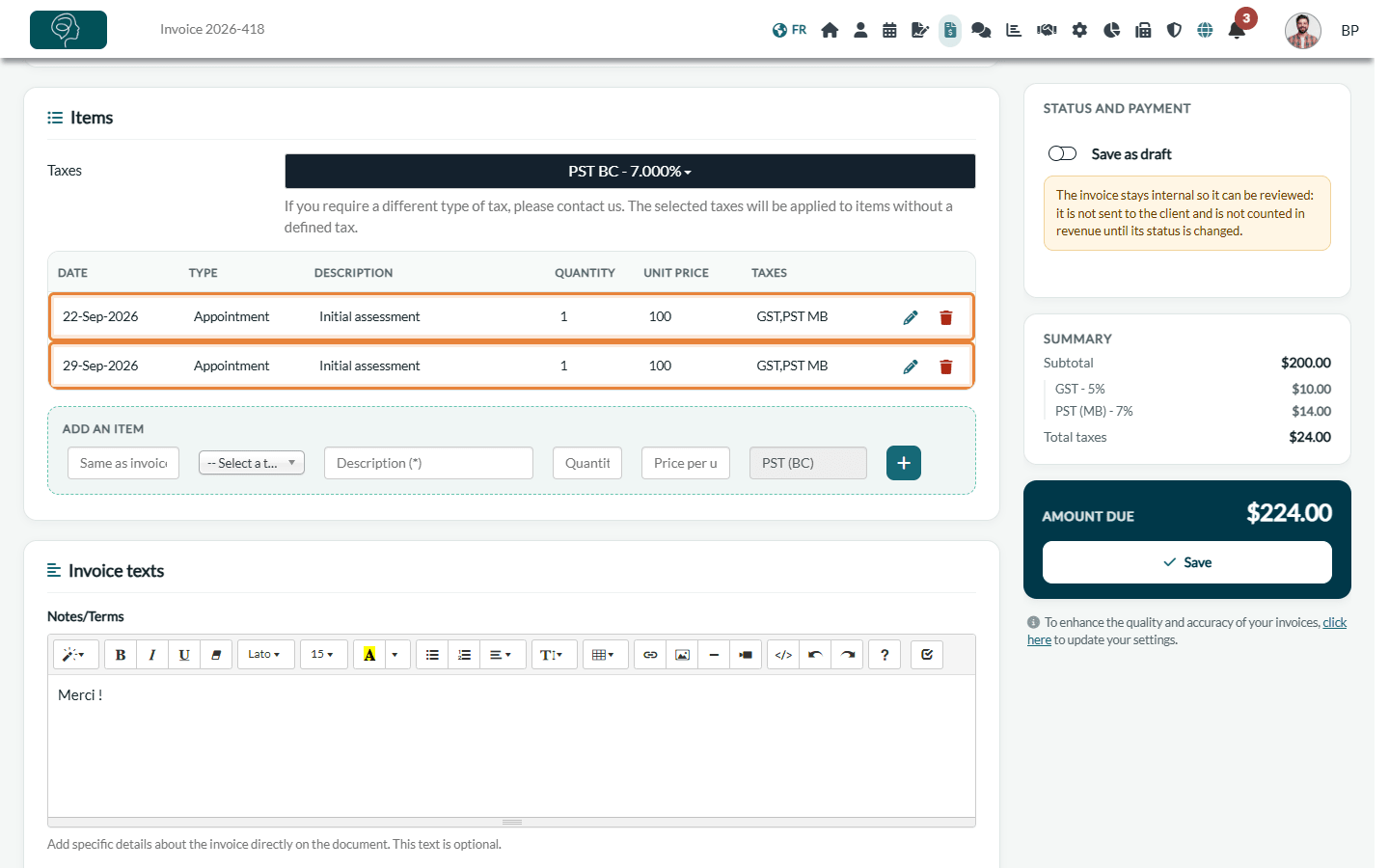 Items card of the grouped invoice: one line per appointment, and the amount due in the side panel
